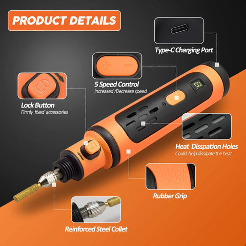 Must Have Pro Grade Electric Chainsaw Sharpener Kit with visible Type-C charging port, lock button, and speed control features