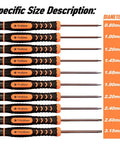 Size descriptions of Magnetic Torx Screwdriver Set T2 Through T15, 10 Piece Precision Star Bit Tools With Hollow Tips.
