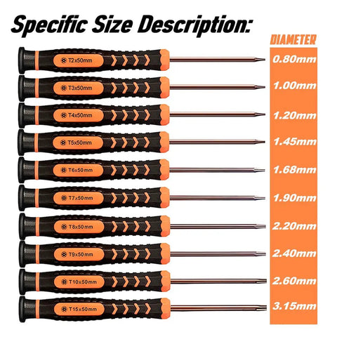 Size descriptions of Magnetic Torx Screwdriver Set T2 Through T15, 10 Piece Precision Star Bit Tools With Hollow Tips.