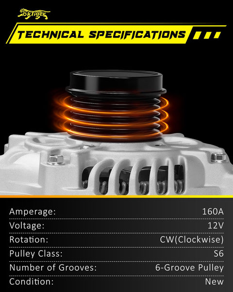 Close-up of 6-groove pulley on 160 Amp Beefed-Up Alternator for Jeep Cherokee 2014-2019, Compass 2017-2022, Renegade 2015-2021.