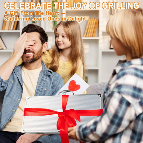 Family gifting Heavy Duty BBQ Grill Tools Set in aluminum case with red ribbon, celebrating with card, focusing on receiver's joy.