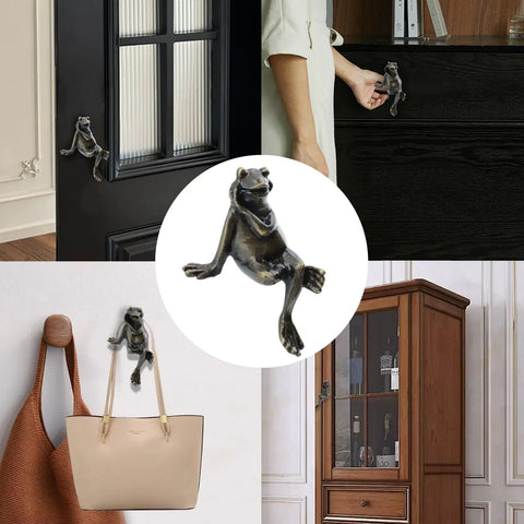 Frog Shaped Cabinet Knob Set, Solid Brass Antique Finish Drawer Pulls, 3.9 Inch Long By 1.4 Inch Wide, 2-Pack on doors.