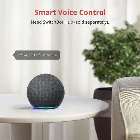 Smart voice control device on table for Curtain Smart Electric Motor For U Rail Tracks With Wireless App And Timer Control.