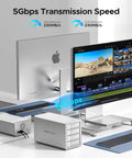 Four Bay Raid External Hard Drive Enclosure With Usb 3.0 showcasing 5Gbps speed with desktop setup displaying media editing software.
