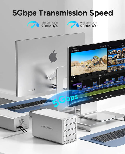 Four Bay Raid External Hard Drive Enclosure With Usb 3.0 showcasing 5Gbps speed with desktop setup displaying media editing software.