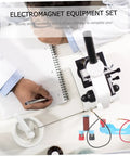 Person using Two Set Electromagnet Experiment Kit with microscope and circuit tools for kids and teens STEM learning.