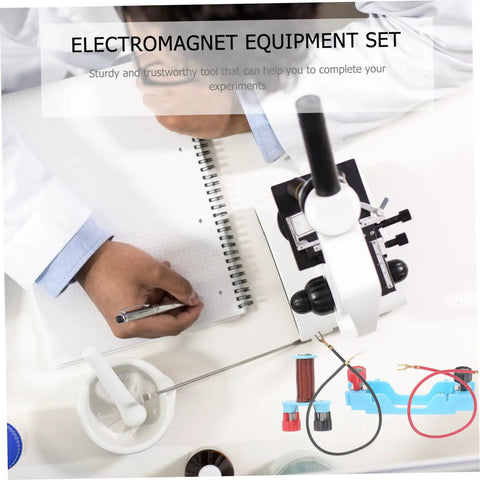 Person using Two Set Electromagnet Experiment Kit with microscope and circuit tools for kids and teens STEM learning.