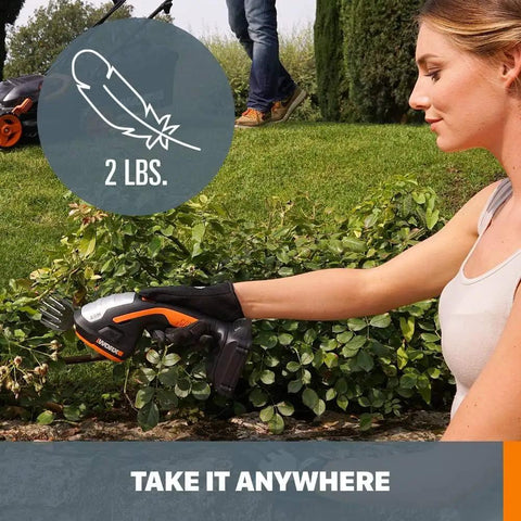 Person using 2 in 1 cordless hedge trimmer with 4 inch grass shear and 8 inch shrub trimmer for quick yard cleanup