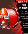 Spool of red 12 gauge wire, 100 ft roll, labeled for low voltage, copper clad aluminum, 12V automotive and electrical use.