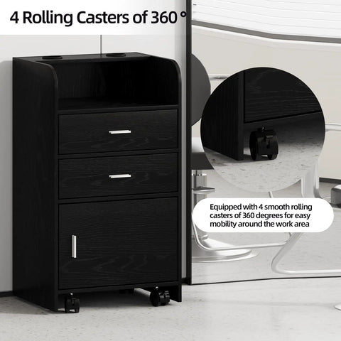 Mobile Salon Station On Wheels For Hair Stylists And Barbers Sleek Black Trolley Cart With Swivel Casters Pro Grade Organizer
