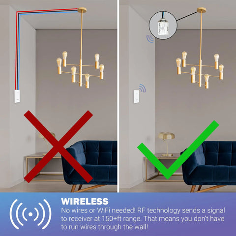 Self Powered Wireless Light Switch And Receiver Kit No Wires No Batteries No WiFi Needed For Easy DIY Home Electrical Projects shown with lighting setup vs wired diagram