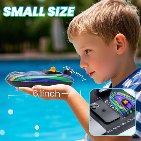 Child holding Kids Remote Control Boat With Removable Inflatable Bumper Rechargeable Battery USB Charging Pool Ready Water Toy For Ages Eight To Twelve Purple Color Ideal Summer Gift