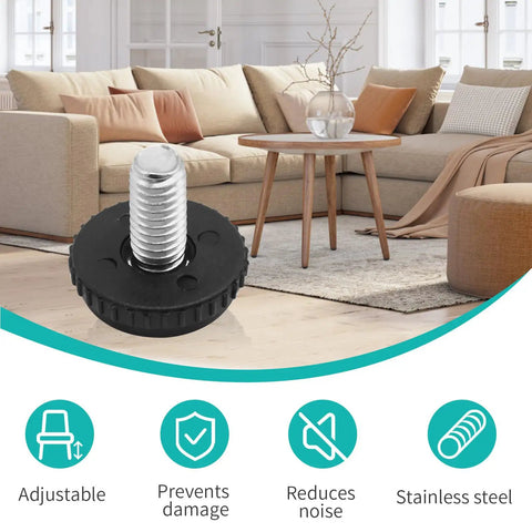 Heavy Duty Adjustable Furniture Levelers With Threaded Inserts 24 Pack stainless steel feet close-up showing threaded design and adjustability.