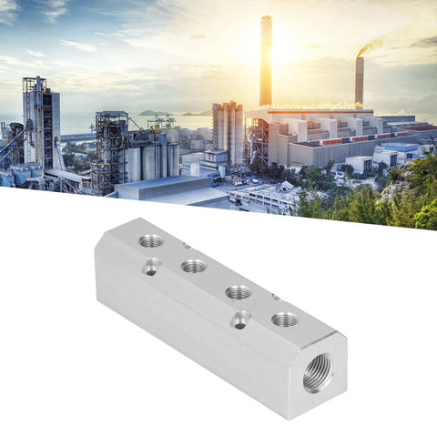 Heavy Duty Large Flow Aluminum Pneumatic Air Manifold Block with 40x40mm Footprint G1/2 Inlet and G1/4 Outlets in industrial setting