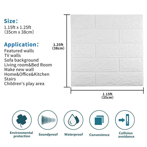 40 Pack White 3D Wall Panels Peel And Stick Self Adhesive Waterproof Brick Foam Sheets size and application chart