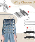 Heavy Duty Metal Pants Hangers With Clips, Hella Space Saving Six Tier Skirt Rack, showing jeans on sturdy clips.