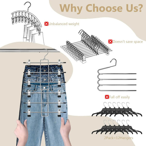 Heavy Duty Metal Pants Hangers With Clips, Hella Space Saving Six Tier Skirt Rack, showing jeans on sturdy clips.