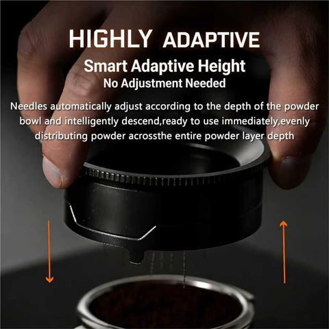 Hand holding the 58mm Rotary Espresso WDT Tool Kit With Stainless Steel Powder Distributor, demonstrating smart adaptive height for powder dispersion.