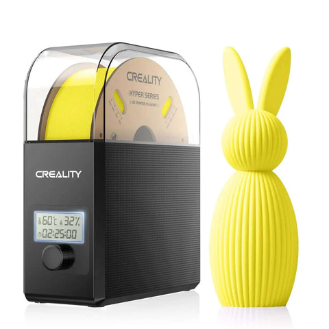 Filament Dryer Box Pro With Fan For 3D Printing, 360 Degree Heating Dehydrator next to yellow 3D-printed bunny model.