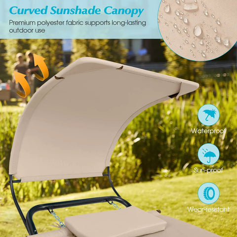 Curved sunshade of Hanging Hammock Chair With Stand And Canopy For Patio Chillin Cushions And Pillow Included Storage Bag Heavy Duty Swing Bed For Garden Or Backyard Poolside Or Porch Beige highlighting waterproof features.