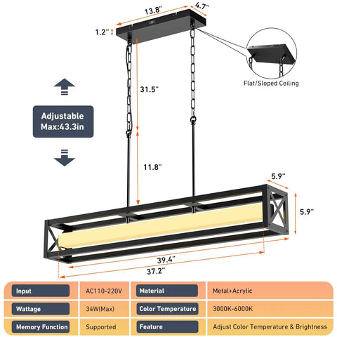 Diagram of Industrial Farmhouse Kitchen Island Lighting 39.4 Inch Black Rectangular Pendant Fixture with dimensions and features