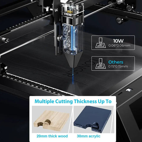 RAY5 10W Laser Engraver Bundle cutting 20mm wood and 30mm acrylic with precise 400x400mm work area.
