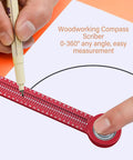 Pro Shop Quality Woodworking Compass Scriber With A 360 Degree Swivel Joint and Rugged Aluminum Alloy Body in use for precise measurements.