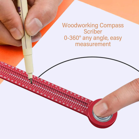 Pro Shop Quality Woodworking Compass Scriber With A 360 Degree Swivel Joint and Rugged Aluminum Alloy Body in use for precise measurements.