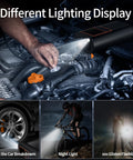 150 PSI Cordless Air Compressor And Tire Inflator With Auto Shut Off And Rechargeable Battery LED Light showing different lighting uses