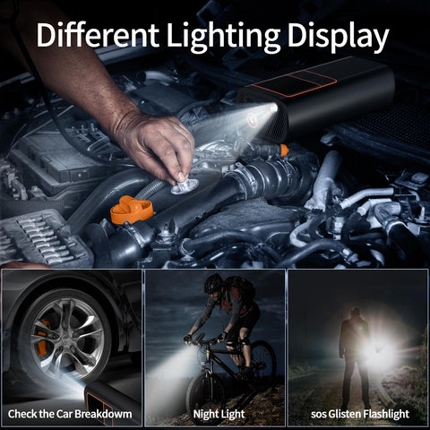 150 PSI Cordless Air Compressor And Tire Inflator With Auto Shut Off And Rechargeable Battery LED Light showing different lighting uses