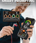Man using True RMS 10000 Counts Digital Multimeter with Auto-Ranging Meter, showing smart prompting and input jack alerts.