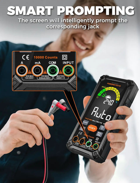 Man using True RMS 10000 Counts Digital Multimeter with Auto-Ranging Meter, showing smart prompting and input jack alerts.