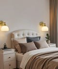 Feasey Vintage Milk Glass Globe Wall Sconce, Mid Century Ribbed Glass Light in stylish bedroom beside the bed.