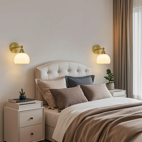 Feasey Vintage Milk Glass Globe Wall Sconce, Mid Century Ribbed Glass Light in stylish bedroom beside the bed.