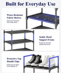 Tall 10-Tier Shoe Organizer With Detachable Fabric Shelves And Metal Frame For Closet Entryway And Living Room showing water-resistant fabric and stable metal frame details.