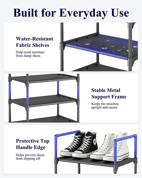 Tall 10-Tier Shoe Organizer With Detachable Fabric Shelves And Metal Frame For Closet Entryway And Living Room showing water-resistant fabric and stable metal frame details.