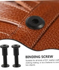 M6 Chicago Screws Stainless Steel Barrel Nuts hex socket binding posts on leather, ideal for DIY projects.