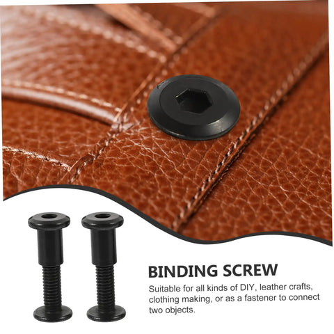 M6 Chicago Screws Stainless Steel Barrel Nuts hex socket binding posts on leather, ideal for DIY projects.