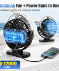 Rechargeable Magnetic Travel Fan With 12000mAh Battery And Power Bank Mode charging a phone, black design, portable, ideal for travel.