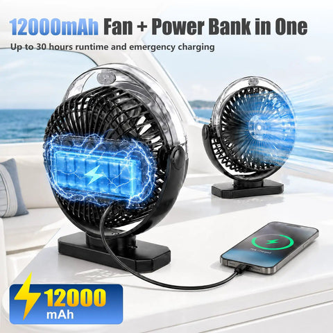 Rechargeable Magnetic Travel Fan With 12000mAh Battery And Power Bank Mode charging a phone, black design, portable, ideal for travel.