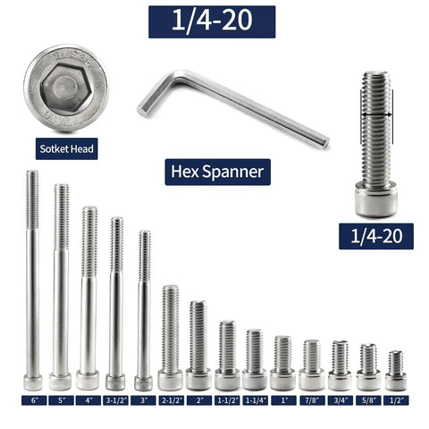 Built Different 1/4-20 X 1/2 Inch Socket Head Cap Screws 20 Pack alongside hex key and varying size screws made from stainless steel.