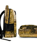 Side view of Sunset Daisy Barn Farm Printed Unisex Backpack with large capacity, durable polyester, showing floral design