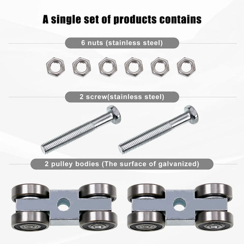 4 Wheel Trolley Assembly With Silent M10 Bolts And Nuts including 6 nuts, 2 screws, and 2 galvanized pulley bodies