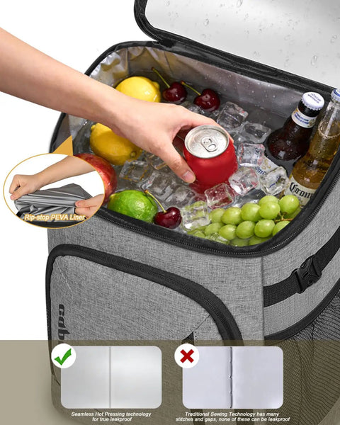 Gray insulated cooler backpack for 30 cans with leakproof design, showing ice and beverages inside, ideal for lunch, camping, travel.