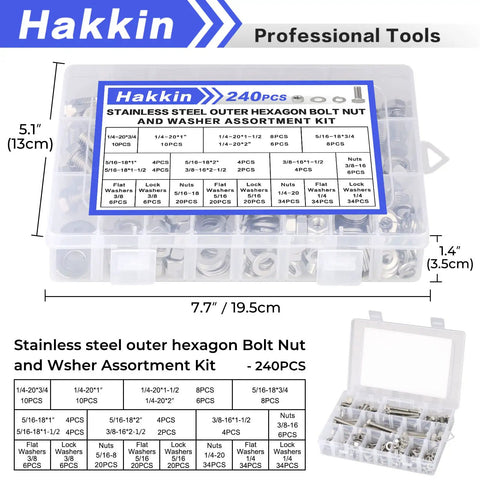 Beefy Hex Bolts And Nuts Kit 1/4-20, 5/16-18, 3/8-16 Stainless Steel 304 With Flat And Lock Washers in clear storage case