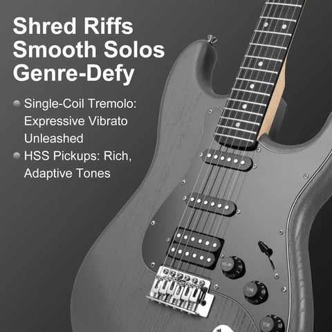 Close-up of 39 Inch Electric Guitar Bundle With HSS Pickups And Tremolo System against gray background