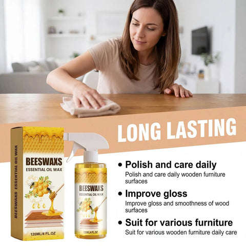 Woman using Natural Beeswax Furniture Polish Spray For Wood Tables And Cabinets Restores That Top Shelf Shine on a wooden table.