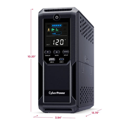 Front view of Intelligent LCD UPS System 1500VA 900W With 12 Outlets For Home Office And Media Gear, black mini tower.