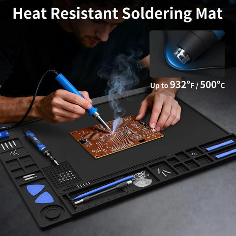Large Soldering Mat Heat Resistant Up To 932 Fahrenheit With 17 Accessory Zones and 133 Compartments for Electronics Repair