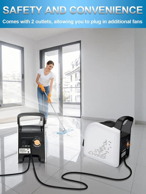 Air Mover Blower Fan For Floor Drying And Cooling At Home Job Site Garage Or Shop with Two AC Outlets on tiled floor